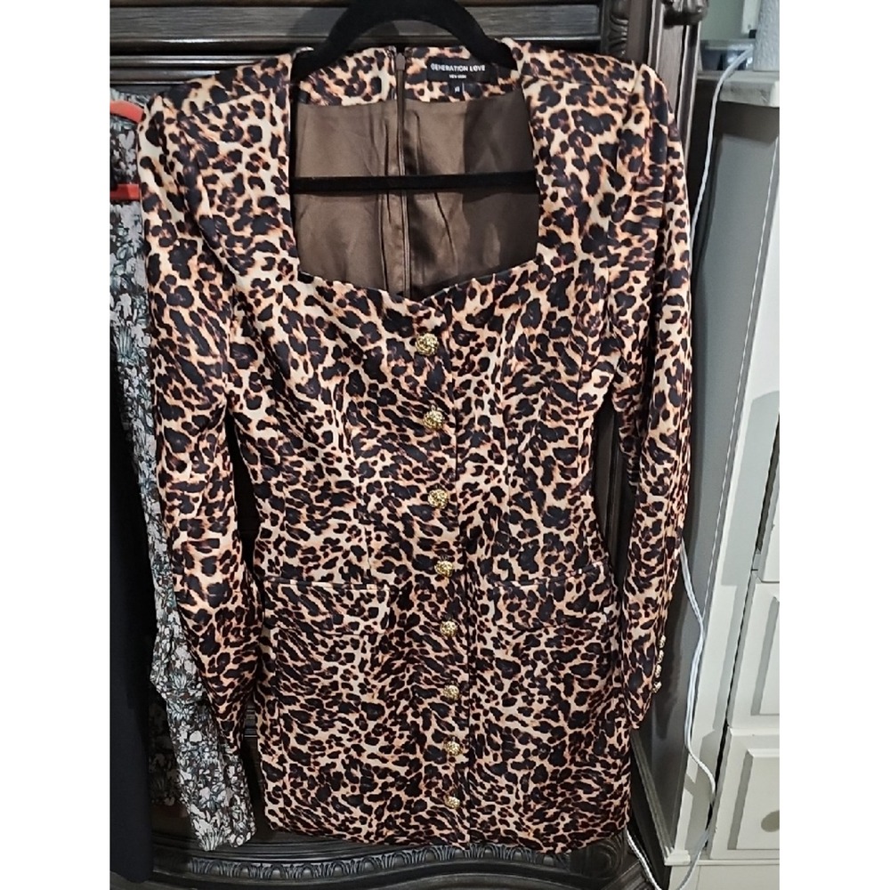 Generation Love Leopard Print Square Neck Gold Button Mini Dress Brown Black XS